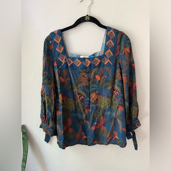 🦋FARM RIO X ANTHROPOLOGIE SQUARE NECK PRINTED TOP 3/4 SLEEVE TOP S - Picture 1 of 6
